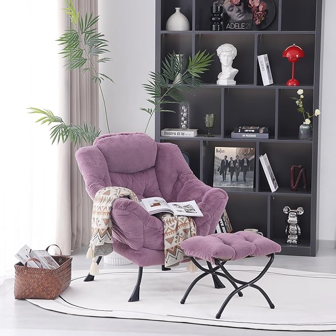 Lazy Chair with Folding Ottoman, Modern Accent Lounge Armchair with Armrests and a Side Pocket & Foldable Footstool, Leisure Reading Chair for Living Room, Bedroom, Dorm & Office, Plush Purpl