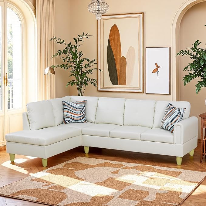L Shaped Couch Sectional Couches with Chaise, 3 Pieces Modular Convertible Sofa for Living Room Furniture Sets and Small Apartment Faux Leather, White
