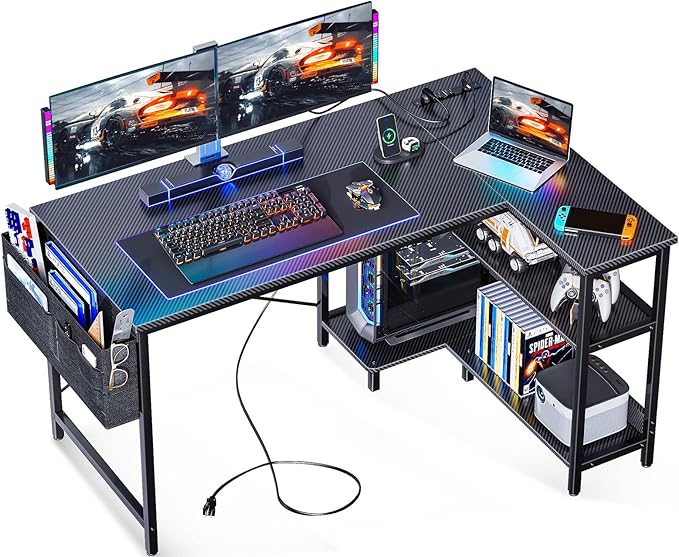 ODK 48 Inch Small L Shaped Gaming Computer Desk with Power Outlets, Corner Desk with Reversible Storage Shelves & PC Stand for Small Space, Modern Simple Home Office Table, Carbon Fiber Surface, Black