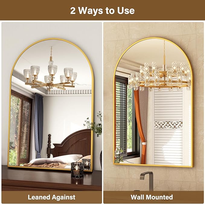 24"x36" Gold Arched Bathroom Mirror - Wall Mirror for Bathroom, Metal Frame Vanity Mirror, Dresser Mirror, Arch Decorative Mirrors for Living Room, Bedroom, Entryway, Mantle