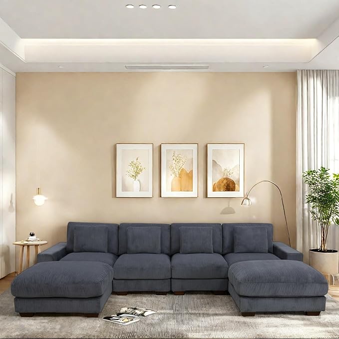Sectional Couches for Living Room, Stylish Sectional Loveseat Sofa with Double Ottoman & Deep Seats, Living Room Furniture Home Sofa for Adults, Dove Gray
