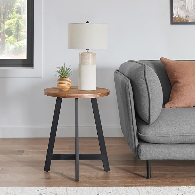 Lavish Home End Table - Industrial Side Table with MDF Top and Metal Frame - Round Table for Living Room, Bedroom, Hallway, or Dorm Room (Walnut)