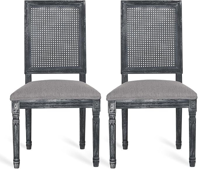 Merax Upholstered Solid Wood Dining Chairs Set of 2, French Country Style Accent Side Seating Furniture for Kitchen, Living Room, Wicker Back, Grey