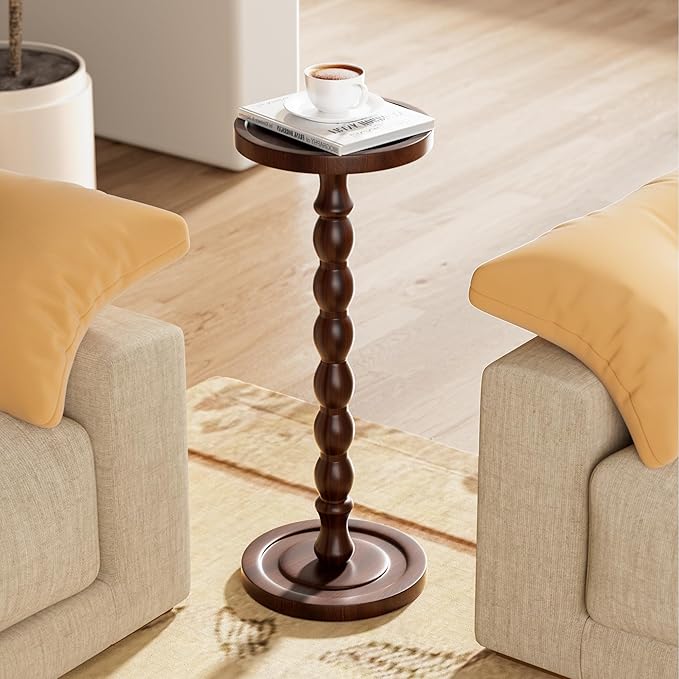 Solid Wood Drink Table, Rubber Wood‌ Small Round Side Table for Small Spaces, Martini Tables, Pedestal End Tables for Living Room, Bedroom, Corners, and Office (Dark Walnut, 9.4 inch)