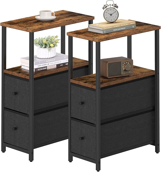 TUTOTAK Small Narrow End Table, Set of 2, Side Table, Nightstand with 2 Cloth Drawers, Couch Table, for Living Room, Bedroom, Bedside, Brown and Black TB01BB054K