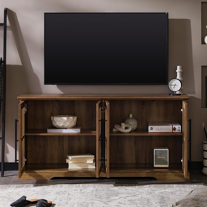 Walker Edison Farmhouse Barn Glass Door Wood Universal TV Stand for TV's up to 64" Flat Screen Living Room Storage Cabinet Doors and Shelves Entertainment Center, 58 Inch, Rustic Oak
