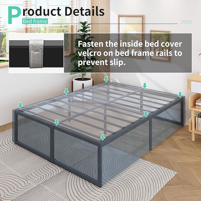 18 Inch King Bed Frame with Storage Bed Cover Skirt, Heavy Duty Metal Full Platform Bed Frame No Box Spring Needed, Easy Assembly, Noise Free, Black and Blue