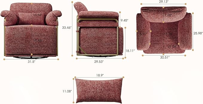 KEIKI Modern Comfy Swivel Accent Reading Chair with Waist Pillows, 360°Square Upholstered Barrel Armchair Single Club Lounge Sofa Chairs for Living Room,Bedroom,Office,DarkRed