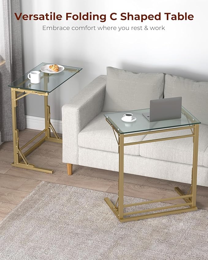 Tatub 24" Folding TV Tray Table Set of 2, Glass C Shaped End Table for Couch, Small Sofa-Side Laptop Desk with Gold Metal Frame for Living Room, Bedroom, Bedside