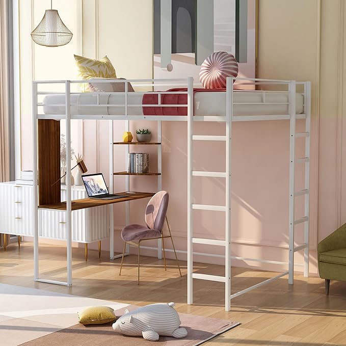 Full Size Metal Loft Bed with 2 Storage Shelves and 1 Desk,Steel Structure Bed Frame W/ 2 Build-in Ladders & Full-Length Guardrails,No Box Spring Needed,for Kids Teens Adults,White