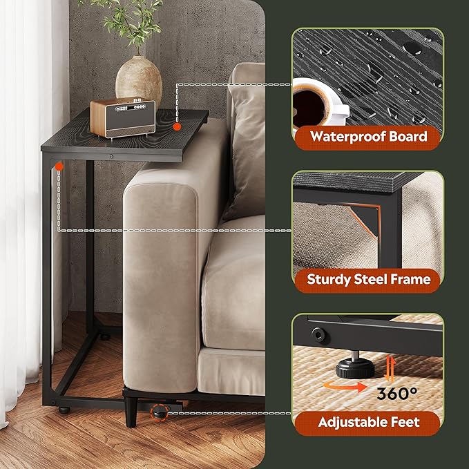 WLIVE Black C-Shaped End Table, Small Side Tables for Sofa, Wide Couch Table That Slide Under, Laptop Snack Table for Living Room, Bedroom, Home Office, Black