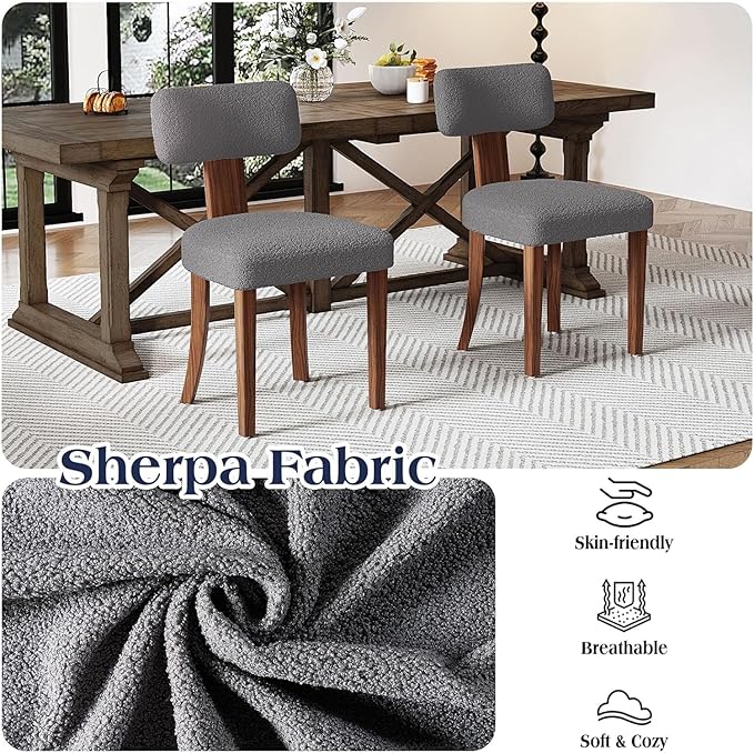 Farmhouse Chair Set of 2, Mid Century Modern Dining Chairs, Sherpa Upholstered Kitchen Chairs with Curved Backrest & Adjustable Legs for Living Room/Bedroom, Easy to Install, Grey Sherpa