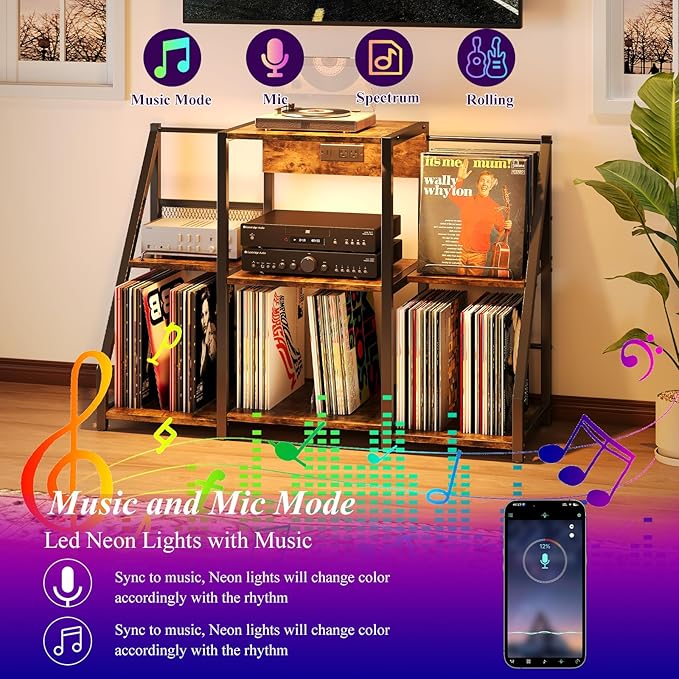 Large Record Player Stand Vintage Record Stand-Large Vintage Record Player Table with Power Outlet and LED Light,Record Storage Rack with Vinyl Display Shelf for Up to 300 Albums