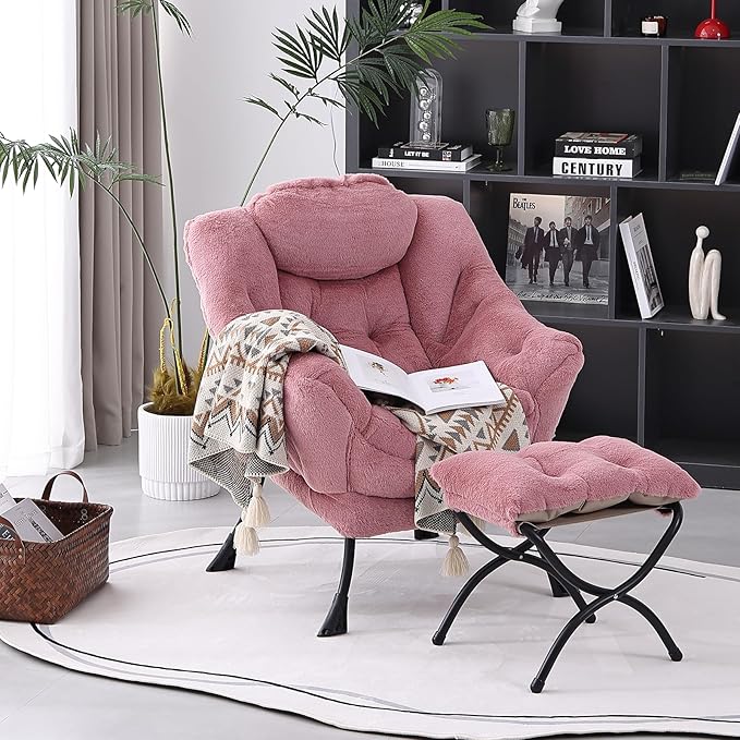 Lazy Chair with Folding Ottoman, Modern Accent Lounge Armchair with Armrests and a Side Pocket & Foldable Footstool, Leisure Reading Chair for Living Room, Bedroom & Dorm, Plush Dark Pink
