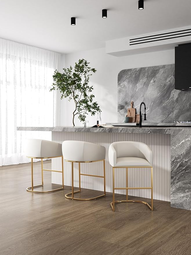 Manhattan Comfort Louvre 30 Inch Mid Century Modern Counter Height Bar Stools - Elegant Faux Leather Padded Seat, Stainless Steel Base with Footrest, Fully Assembled Barstools, Set of 2, Cream