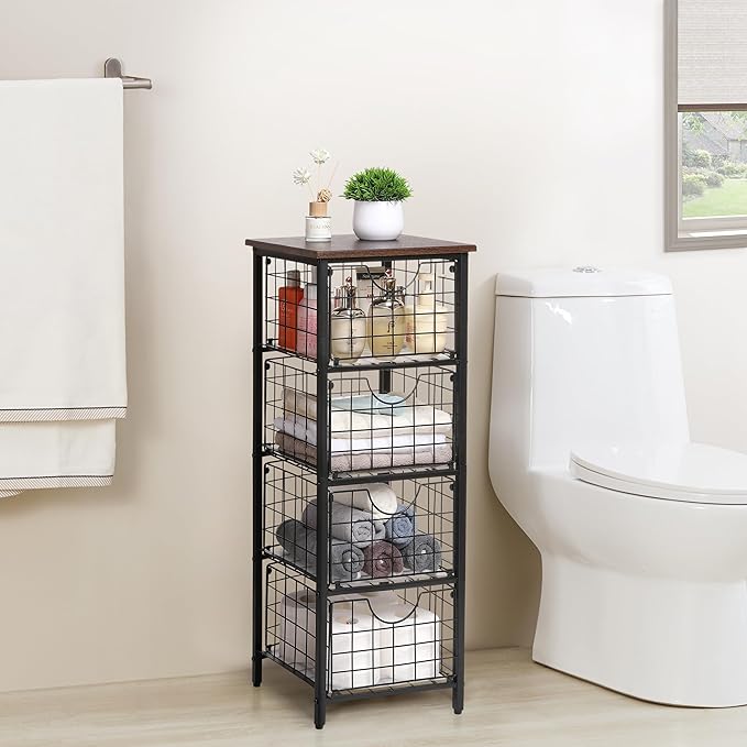 5-Tier FreeStanding Storage Shelves with 4 Pull-Out Baskets,Bathroom Organizer Shelves Unit with WoodTop,Fruit Basket for Kitchen,Storage Tower Organizer Basket Cart for Bathroom，Black