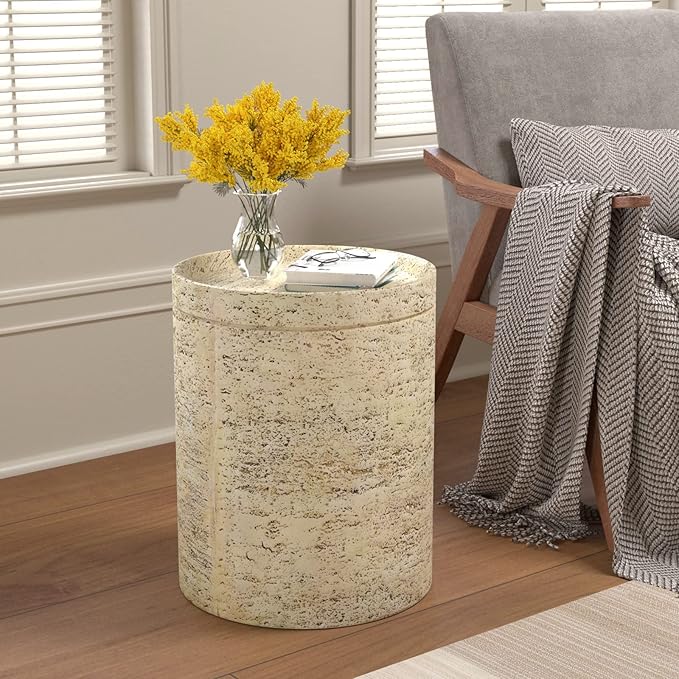 COSIEST 2 Pieces Outdoor Side Table, Set of 2 Cylinder Shaped MgO Patio End Table, Lightweight Accent Table with Tray Top, Round Plant Stand for Garden and Deck, Beige