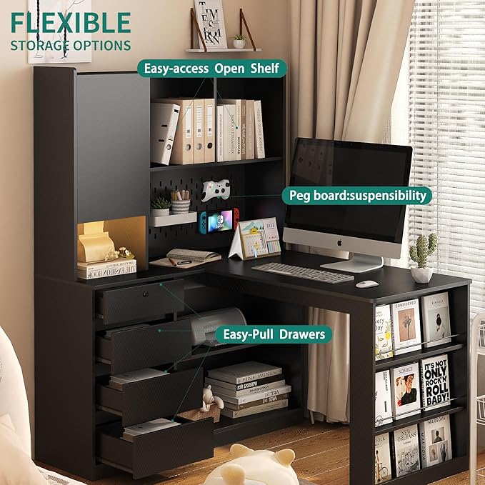 KEIKI L Shaped Home Office Desks with LED Light, Pegboard, Hutch, Drawers, Bookshelf & Storage Shelves, Modern Wooden Gaming Computer Corner Table for Work, Study, Writing