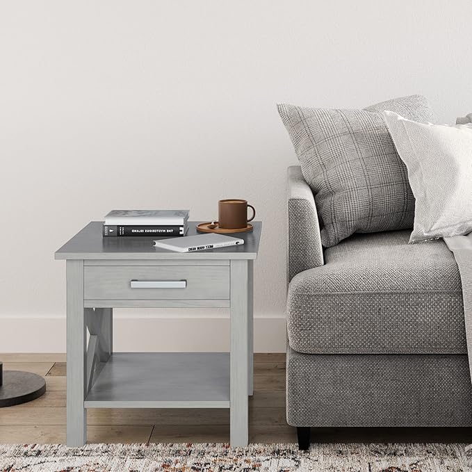 SIMPLIHOME Kitchener SOLID WOOD 21 Inch Wide Square Contemporary End Side Table in Fog Grey, For the Living Room and Bedroom
