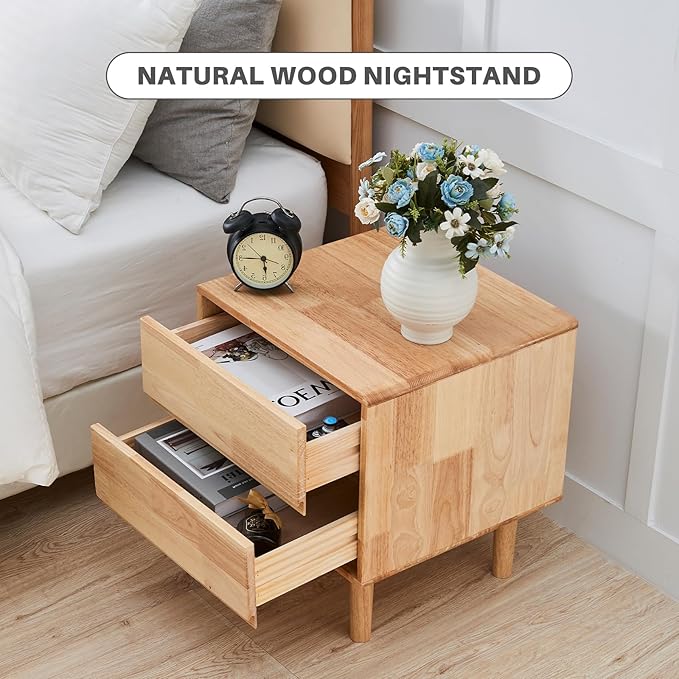 Uniclinens Nightstand with 2 Drawers Storage, 19" Modern Solid Rubberwood Bedside Table for Bedroom, Sofa Side Table End Tables Living Room, Natural