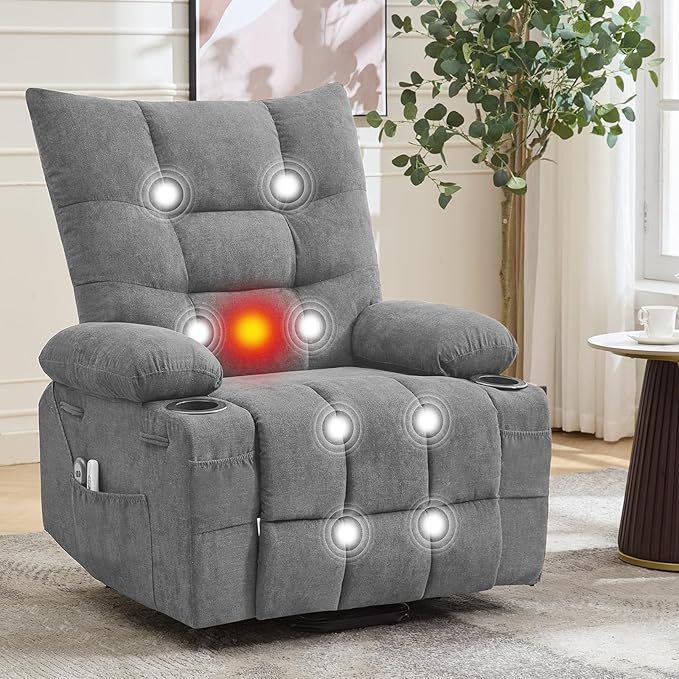 GarveeHome Power Lift Recliner Chair for Elderly with Massage and Heat, Oversized Electric Massage & Heat Recliner with Soft Padded Upholstery, Side Pocket & Cup Holders for Living Room, Gray
