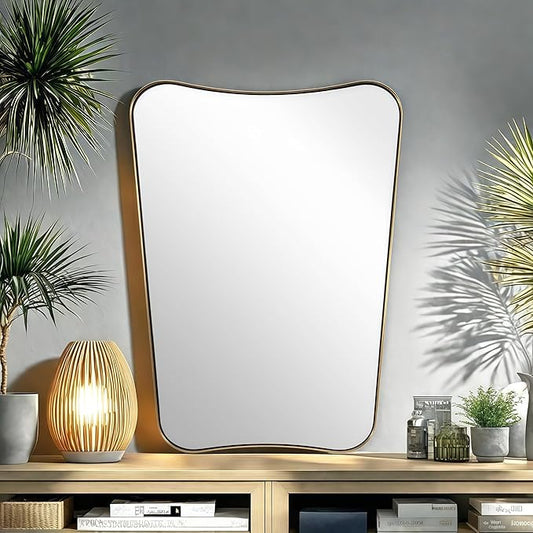 Gold Mirror for Bathroom, Asymmetrical Mirrors for Wall, Vintage Vanity Mirror, Irregular Mirror in Stainless Steel, 22 x 30 Antique Brass Wavy Mirrors Wall Mounted Vertically Only