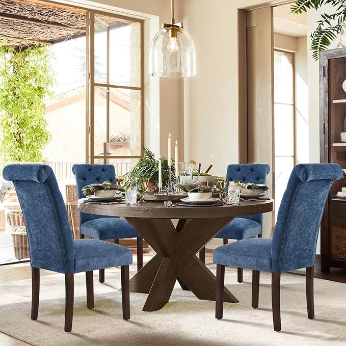 COLAMY Button Tufted Dining Chairs Set of 6, Parsons Upholstered Fabric Dining Room Chair Kitchen Chairs with Wood Legs and Padded Seat, Blue