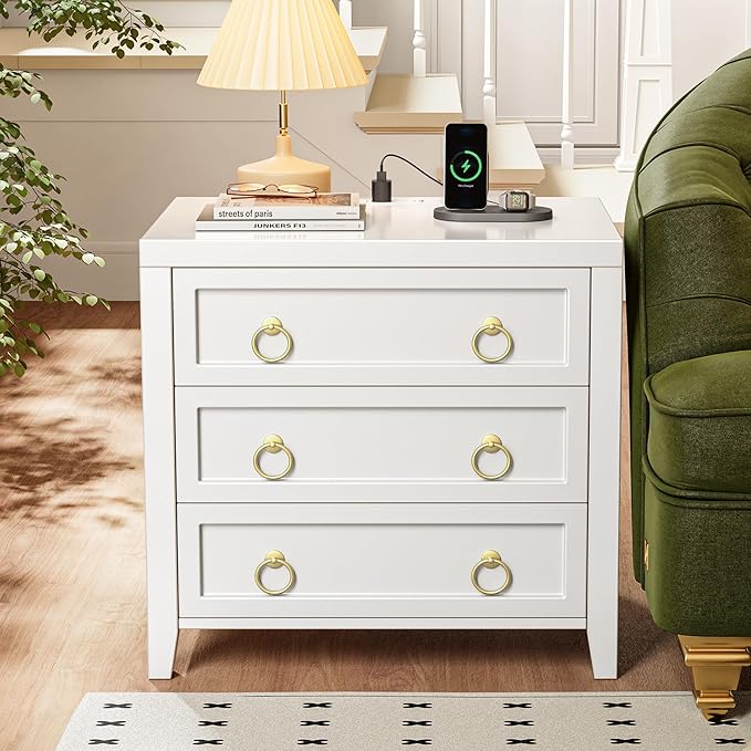 Huuger 23.6 Inch Night Stand with Charger Station and USB-C Port, 3 Drawer Nightstand, Larger Wider Bedside Table, Modern Side End Table, for Bedroom, White Nightstand