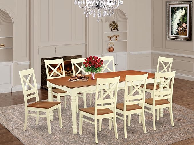 East West Furniture DOQU9-WHI-W 9 Piece Dining Set Includes a Rectangle Dining Room Table with Butterfly Leaf and 8 Kitchen Chairs, 42x78 Inch, Buttermilk & Cherry