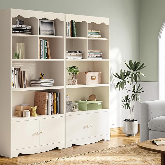 LINSY HOME 5 Shelf Bookcase Wooden, 63" Tall Bookshelf with Doors, Open Floor Standing Cube Shelf Bookcase Libreros, Beige Modern Book Shelf for Bedroom, Living Room, Home Office, White Oak