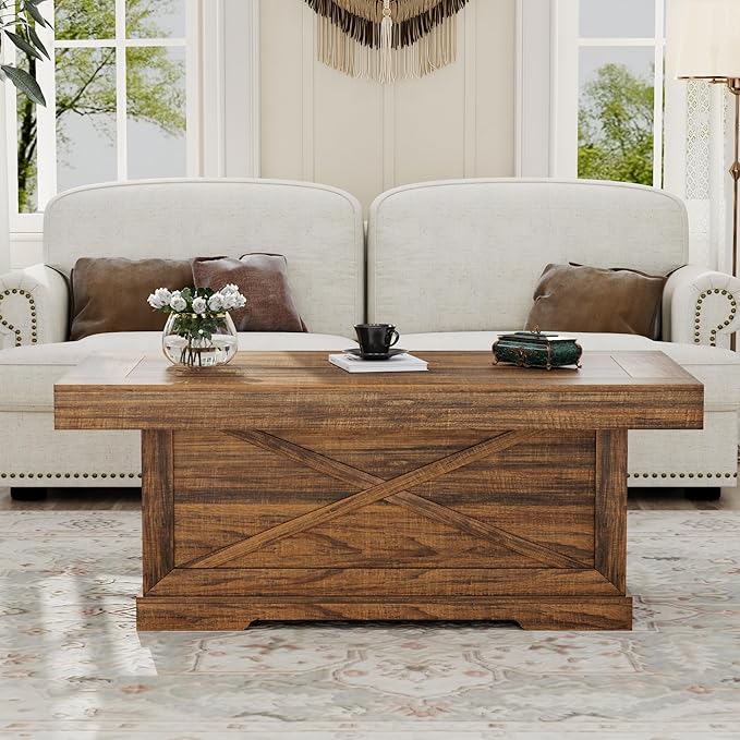 Coffee Table 39 in Rustic Center Table with X-Design Wooden Pedestal for Living Room, Space Saving, Easy Assembly Rectangle Home Office Tea Accent Table for Dining Room Apartment, Walnut