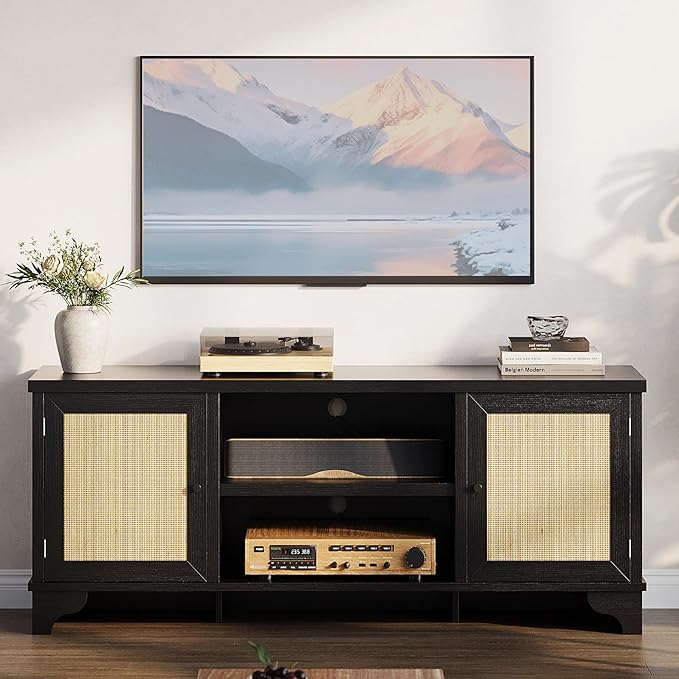 GarveeHome Rattan TV Stand for Living Room, Boho Entertainment Center for 55, 65, 70 Inch TV, TV Console Cabinet with Storage and Shelf, Black
