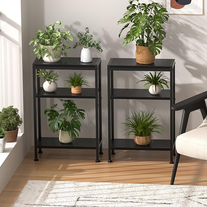 Narrow Side Table for Small Space, 3-Tier Small End Table with Shelf Holder, Slim Nightstand, Skinny Snack Couch Table in Living Room, Bedroom, Study, Kitchen and Balcony（Black