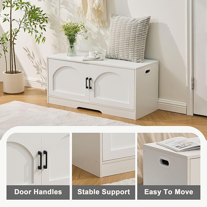 Shoe Bench, Entryway Storage Bench with 2 Doors, Shoe Rack Adjustable Shelves, Shoe Cabinet with Storage, 31.5" W x 13.8" D x 18.1" H for Entryway, Living Room, Hallway, Mudroom, Bedroom, White