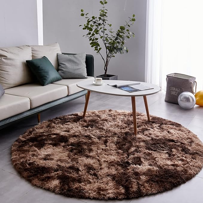 FJZFING Tie-Dyed Coffee Round Rug Ultra-Soft Plush Modern 7x7 Circle Area Rug for Kid's Bedroom, Fluffy Shag Circular Rug for Nursery Room, Non-Slip Home Decor Carpet for Teen's Room