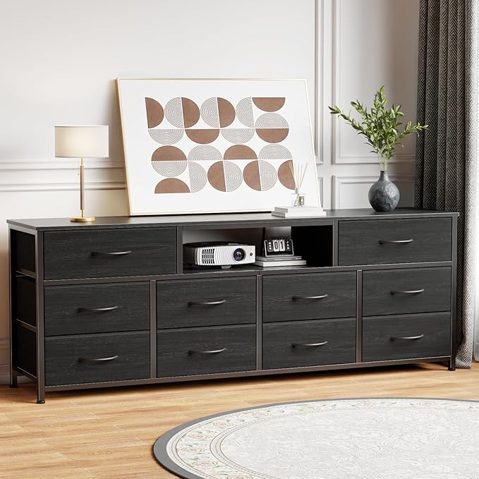 Furnulem 63” Long Dresser for Bedroom, TV Stand for 65 to 75 inch TV, Black Dresser with 10 Fabric Drawers, Chest of Drawer for Closet, Entertainment Center with Power Outlet & LED Light