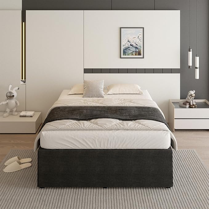 18 Inch California King Bed Frame with Black Bed Cover, Metal Cal King Bed Frame No Box Spring Needed, Heavy Duty Mattress Foundation, Easy Assembly, Noise Free