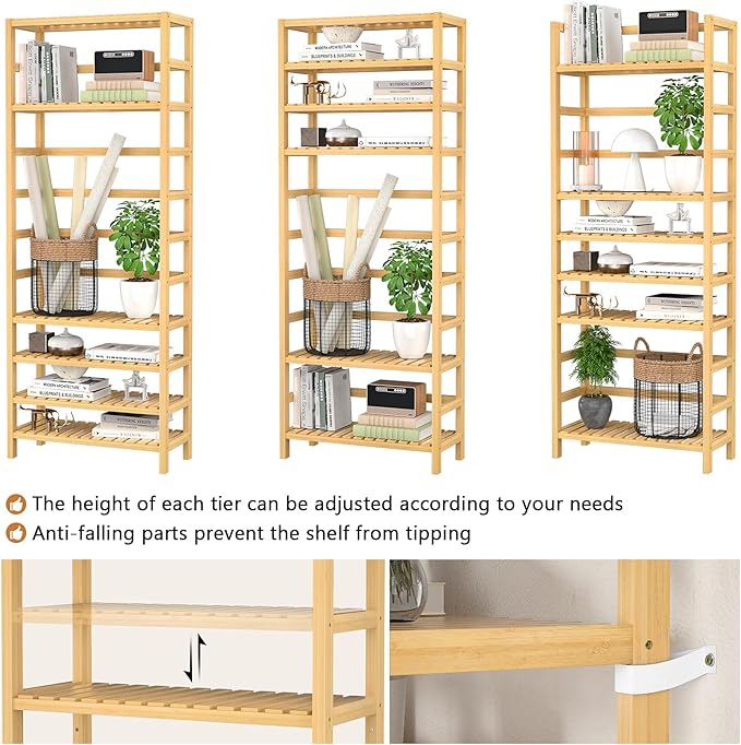 Homykic 6-Tier Bamboo Bookshelves and Bookcases, Adjustable 63.4”Tall Shallow Book Shelf Organizer Rack, Freestanding Storage Shelving Unit for Living Room, Kitchen, Bathroom, Office, Natural