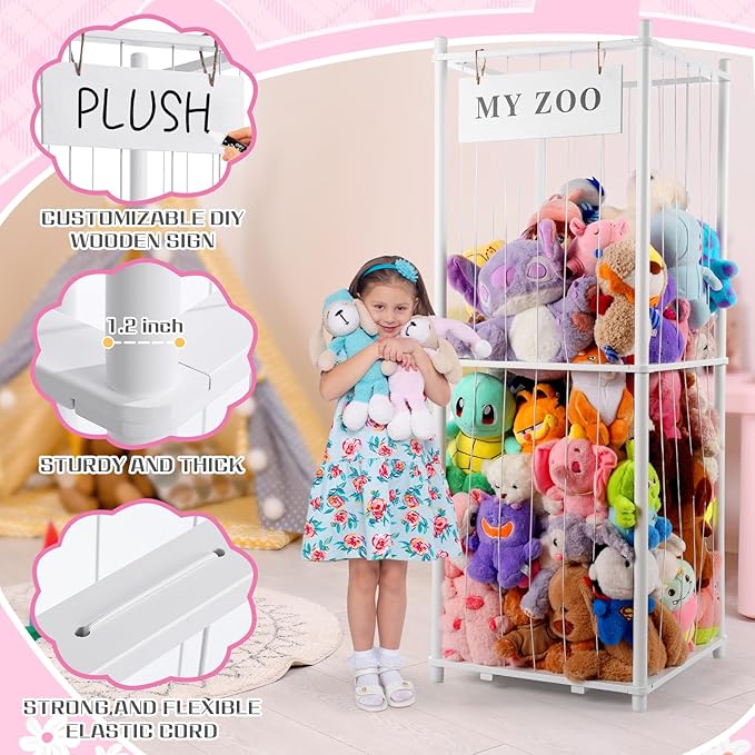 Stuffed Animal Storage Zoo, Wooden Stuffed Animal Organizer with Elastic Cords for Boys Girls, Space Saving Toy Plushies Storage Holder for Playroom, Bedroom, Living Room (White, Large)