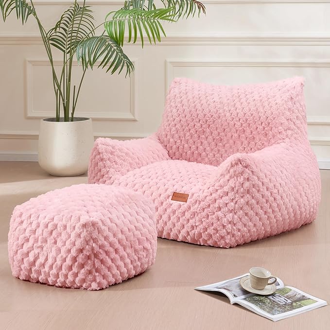 Bedroom Bean Bags Chair with Foot Stool, Comfy Reading Chair with Filler, Soft Faux Fur Pink Bean Bag Chair Lazy Beanbag Chairs for Adults, Gaming Bean Bag Chair