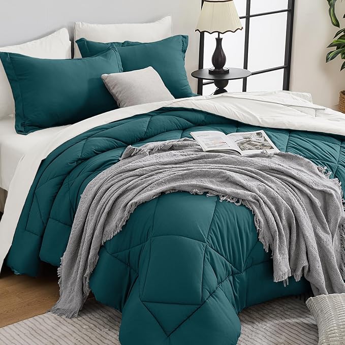 HEVUMYI Twin Comforter Set - 5-Piece All Season Bed in a Bag Twin, Ultra Soft Bedding Set with Comforter, Flat Sheet, Fitted Sheet, Pillowcases, Pillow Shams, Peacock Blue & Ivory