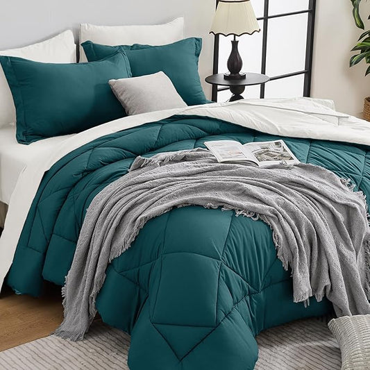 HEVUMYI Twin Comforter Set - 5-Piece All Season Bed in a Bag Twin, Ultra Soft Bedding Set with Comforter, Flat Sheet, Fitted Sheet, Pillowcases, Pillow Shams, Peacock Blue & Ivory