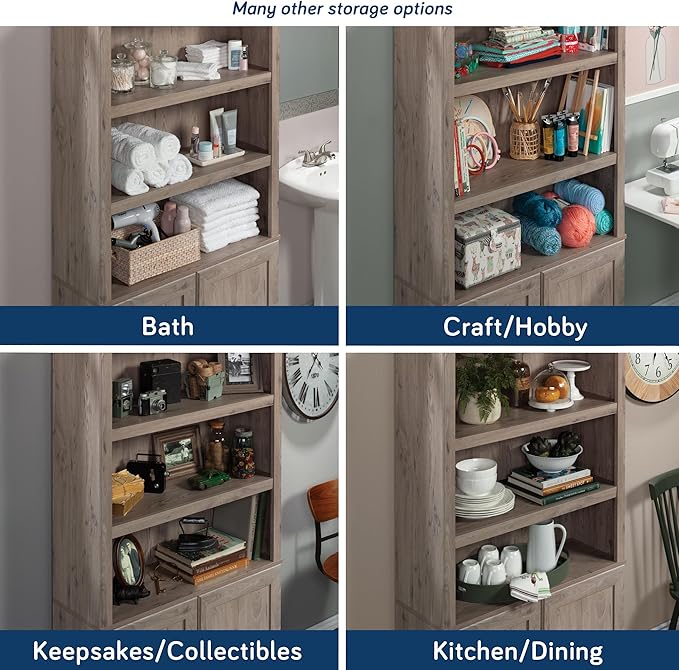 Sauder Miscellaneous Storage 5-Shelf Bookcase with Doors, L: 35.28" x W: 13.23" x H: 69.76", Laurel Oak Finish
