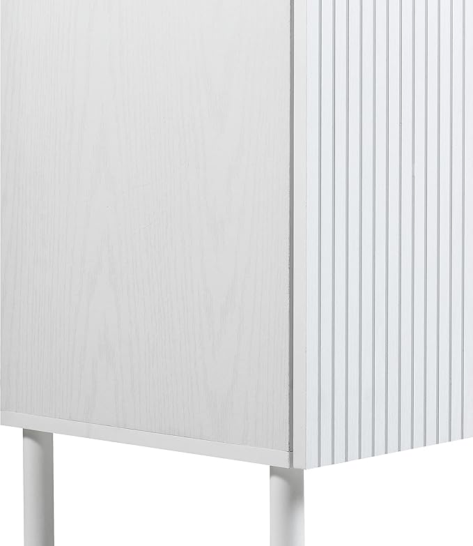 Sango Merk 2-Door Cabinet, Modern White Storage Cabinet with Vertical Groove Doors, Adjustable Shelf, Cylindrical Wood Legs, Discreet Metal Finger Pulls, Stylish Furniture for Living or Dining Room