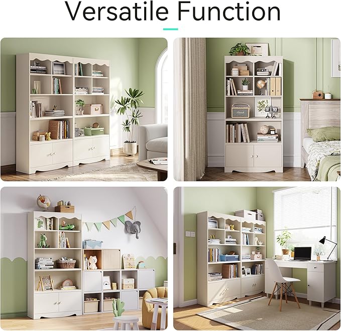 LINSY HOME 5 Shelf Bookcase Wooden, 63" Tall Bookshelf with Doors, Open Floor Standing Cube Shelf Bookcase Libreros, Beige Modern Book Shelf for Bedroom, Living Room, Home Office, White Oak
