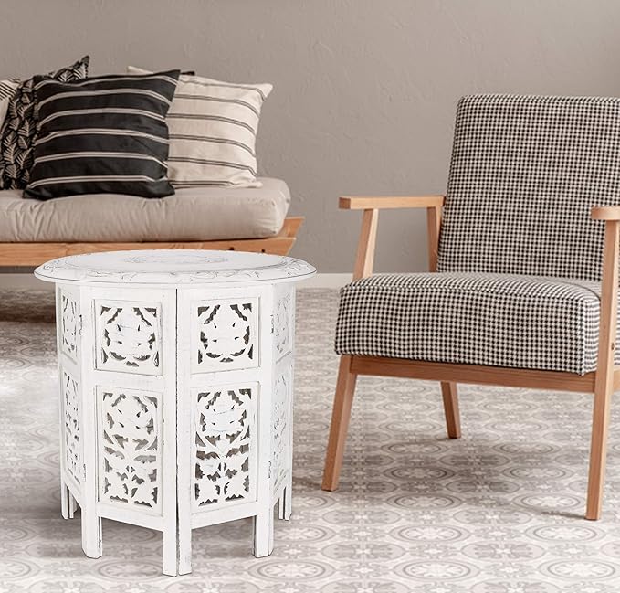 The Wooden Town Handcrafted White Wood End Table - Antique Finish, Small Accent Table 18"x18" for Living Room, Bedroom, Sofa Side or Nightstand Use
