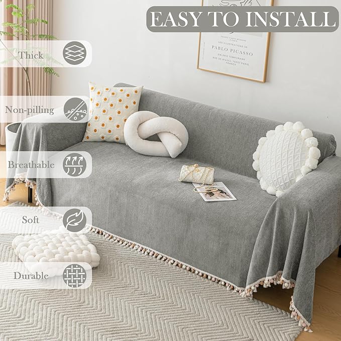 HANDONTIME Couch Slipcovers for Sofas - Dark Grey Boho Pet Couch Protector with Tassel - Chenille Herringbone 3 Seat Cover, 91" X150