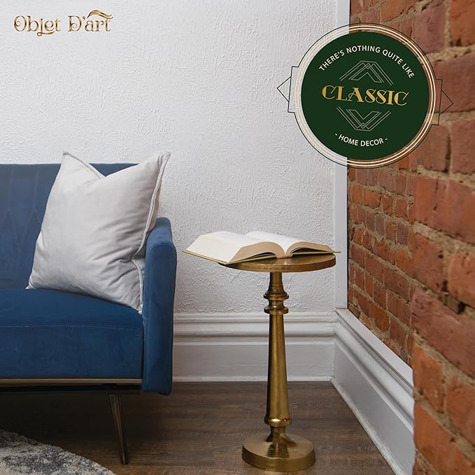 Small Round Gold Side Table by Objet D’Art, Accent, End, Pedestal, Martini, Cocktail and Drink Table for Living Room and Small Spaces, Petra Vintage Metal Brass Style Decor, 21” Height