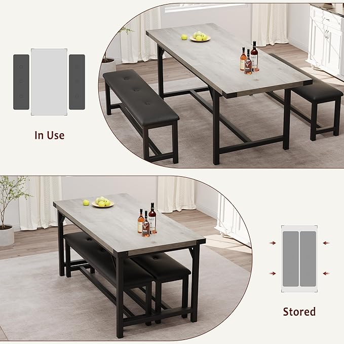 GarveeHome Dining Table Set for 4-6, 63" Extendable Wood Dining Room Table with Corner Protector & 2 Upholstered Benches, Kitchen Table Set for Apartment, Small Space, Easy Assembly,Retro Gray