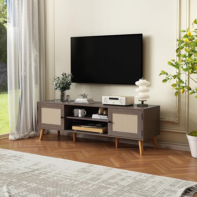 TV Stand for TVs up to 65 inches, Rattan Grain Finish Panel with 2 Storage cabinets, Modern Minimalist Style, Living Room, Audio-Visual Room for Multiple Rooms,3 Colors Available (Oak)